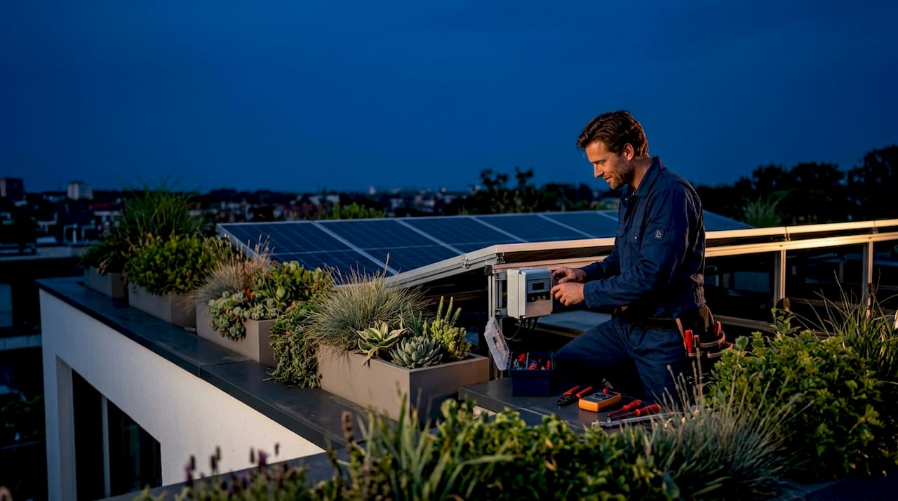 Worker checks rooftop solar battery storage