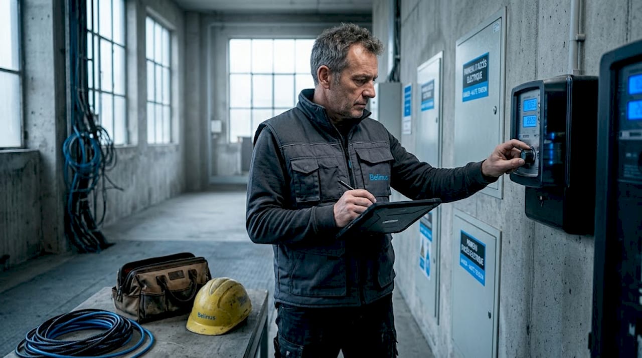 Un technicien relève et consigne les données énergétiques directement dans la salle technique.