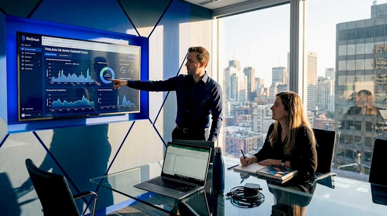 Deux collaborateurs analysent ensemble un tableau de bord énergétique lors d'une réunion de travail.