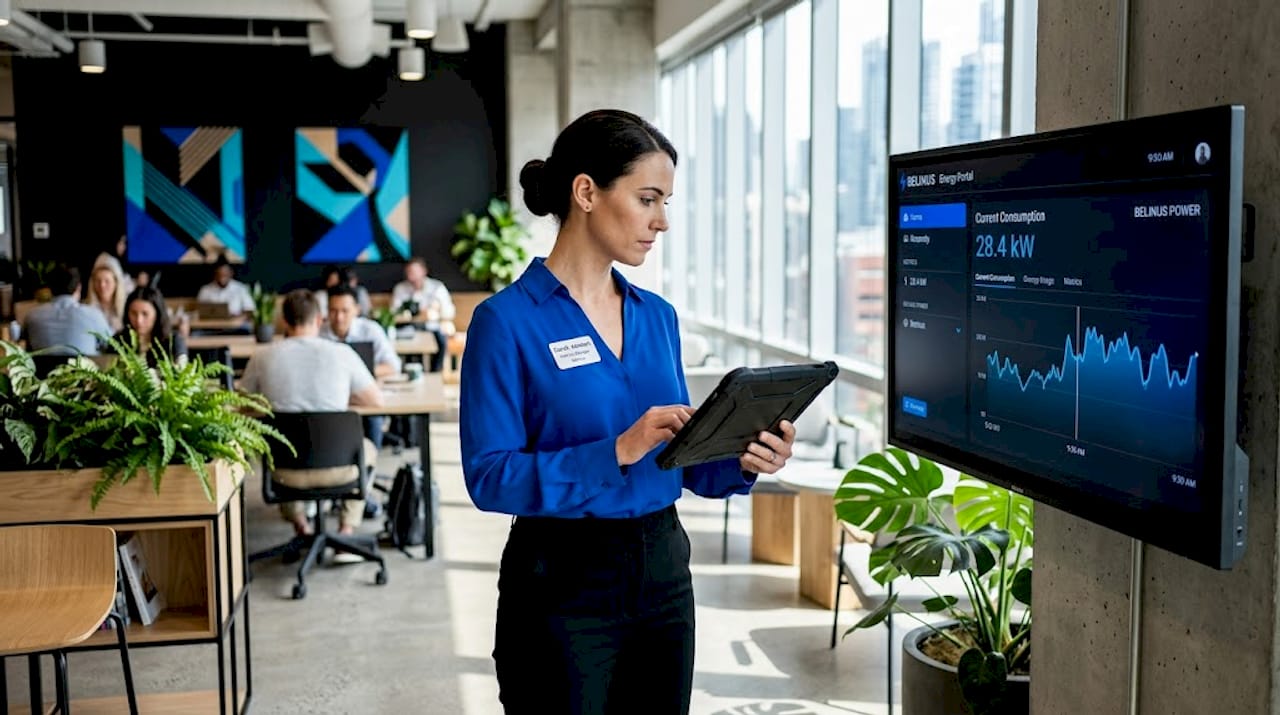 Facility manager viewing real-time energy dashboard