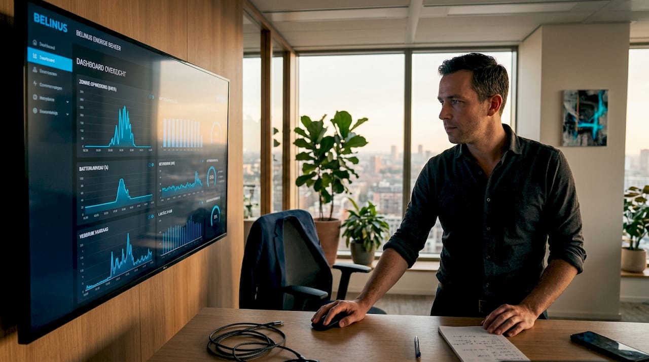 Een ondernemer bekijkt realtime energiegegevens op een digitaal dashboard tijdens een vergadering in de vergaderruimte.