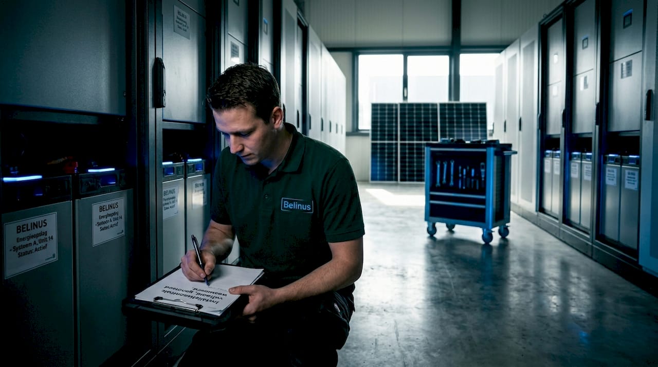 Een technicus controleert de batterijen in het magazijn.