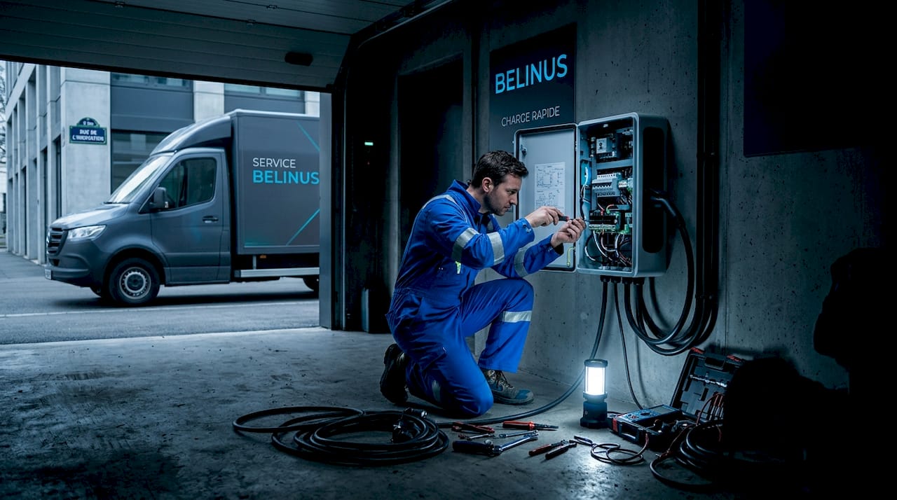 Un technicien en train de régler une borne de recharge pour véhicules électriques destinée aux entreprises.