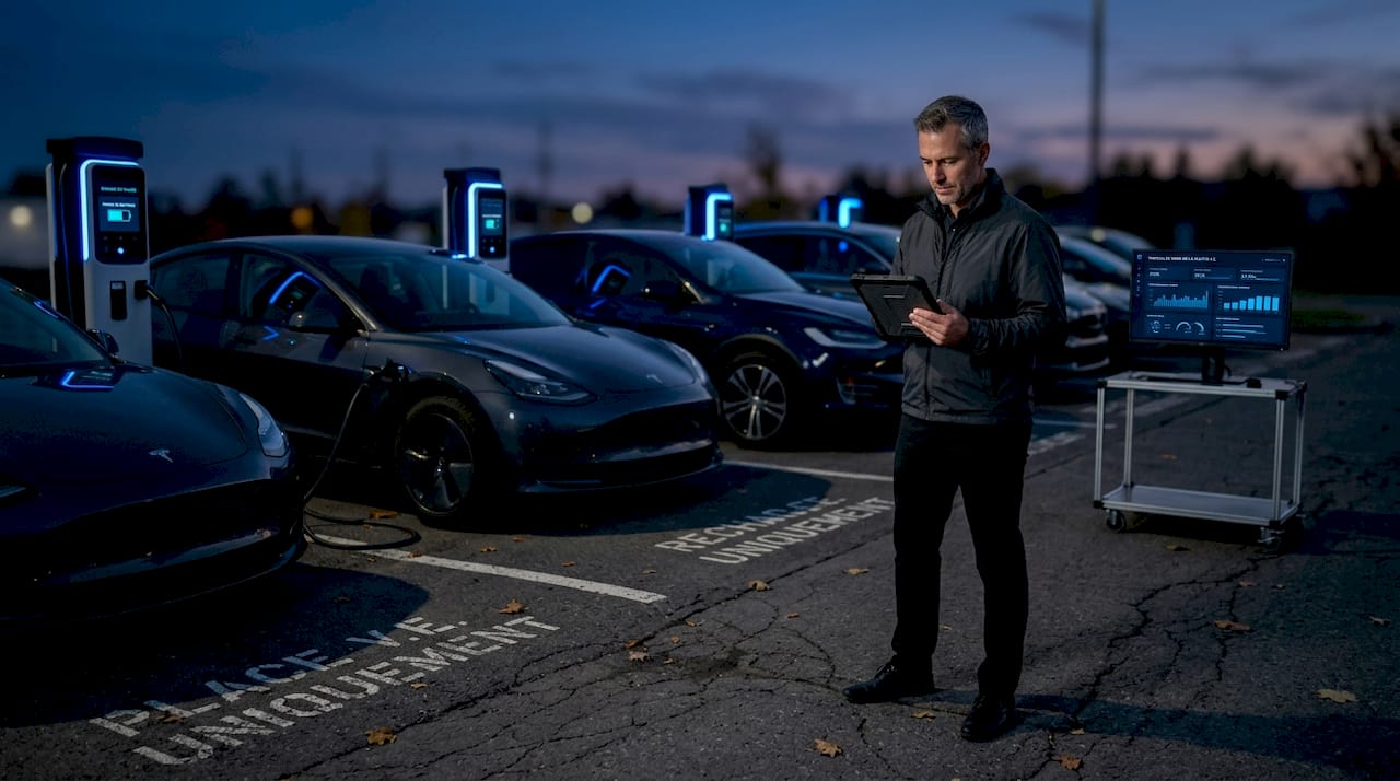 Un gestionnaire de flotte surveille la recharge des véhicules électriques sur le parking de l’entreprise.
