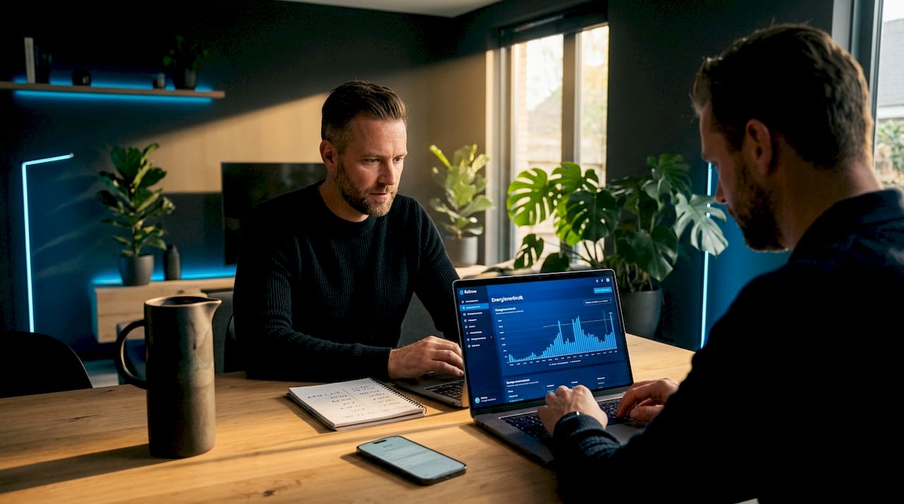 Man bekijkt thuis zijn energieverbruik op de laptop