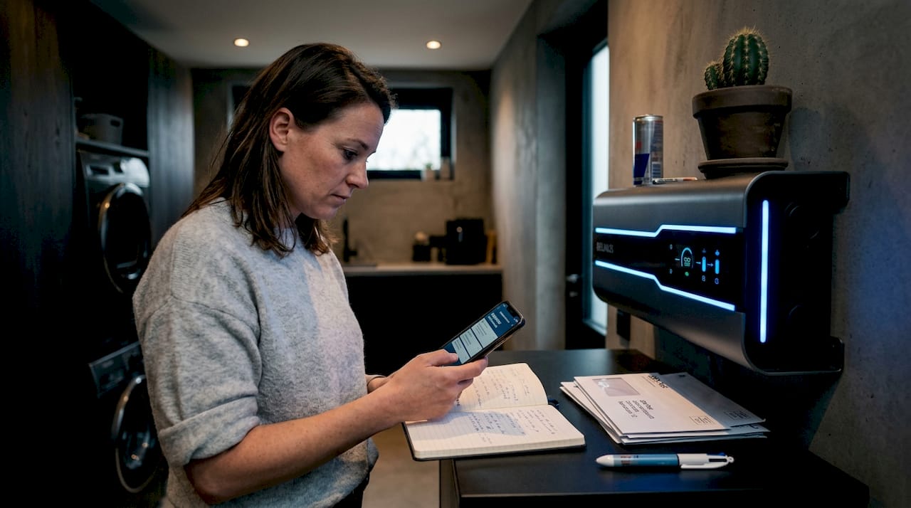 Vrouw gebruikt thuis een app om haar batterij slim aan te sturen