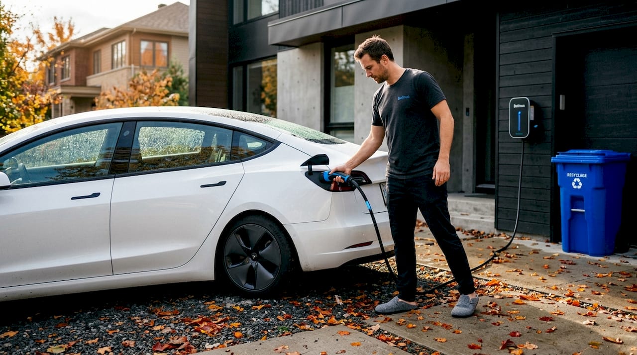 Scène matinale : recharger sa voiture électrique à la maison avant de démarrer la journée