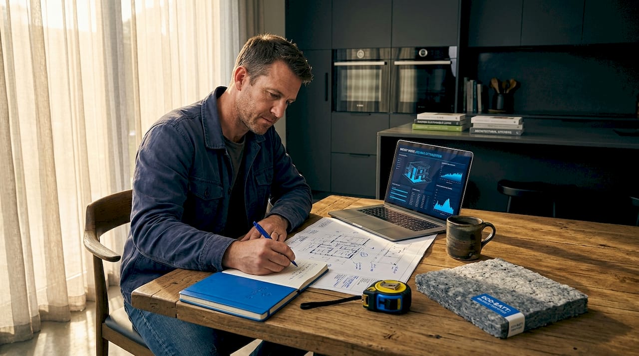 Builder analyzing energy plans at kitchen table