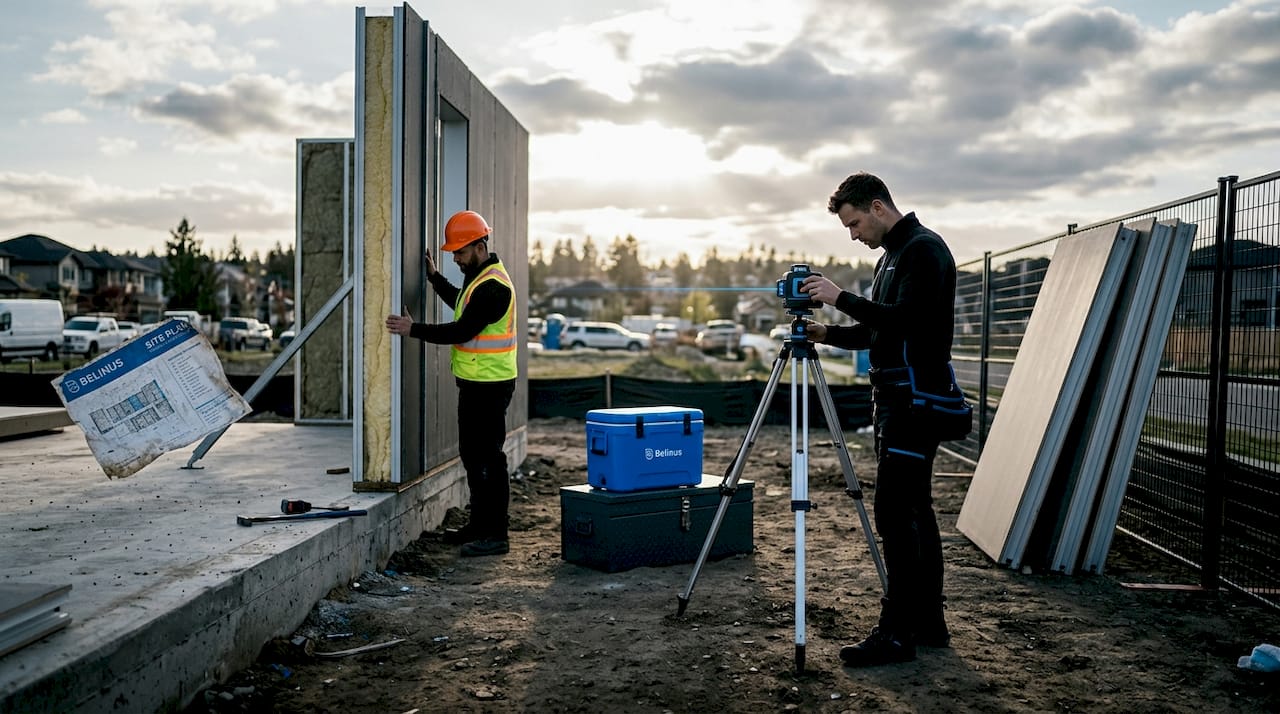 Workers assembling prefabricated wall panels onsite