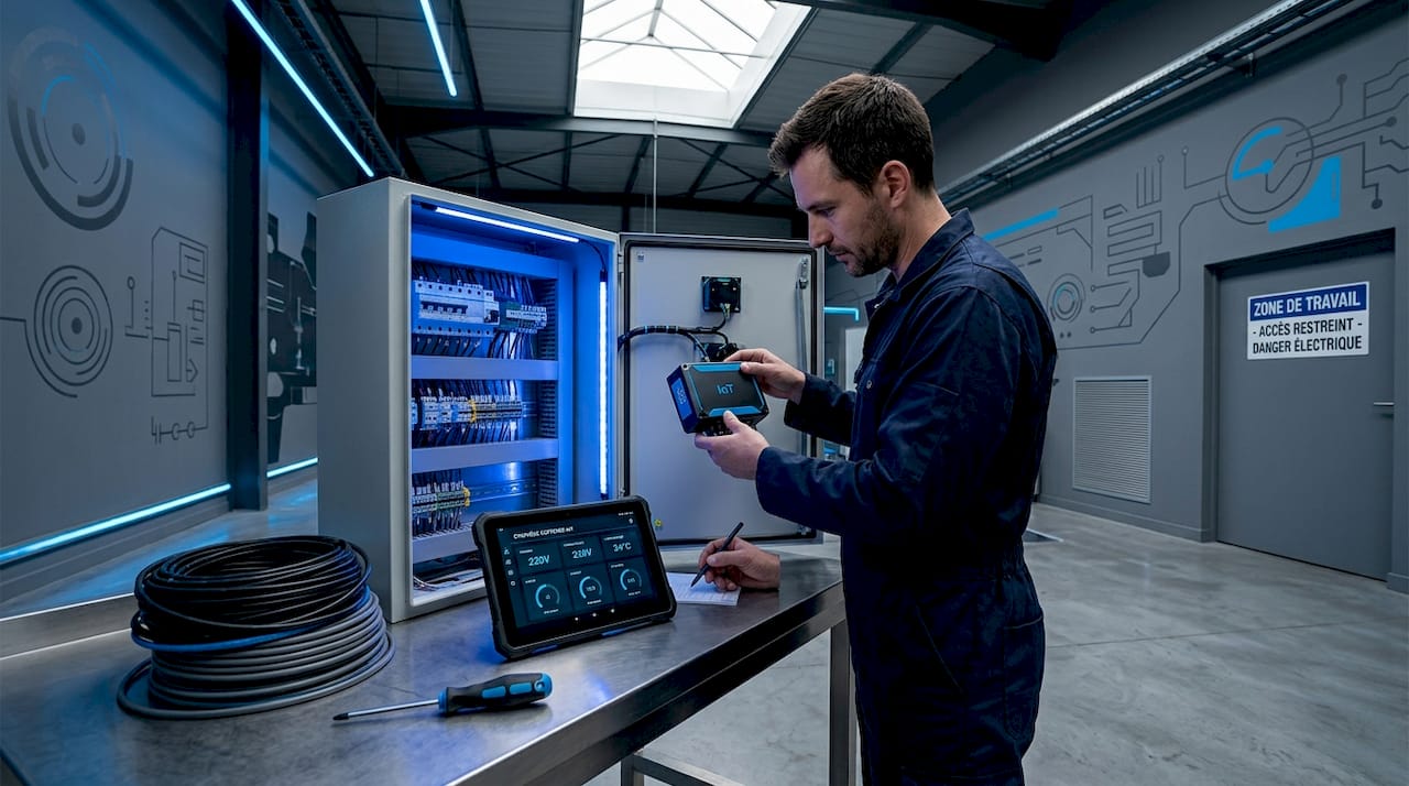 Un technicien procède à l’installation d’un capteur IoT sur une armoire électrique.