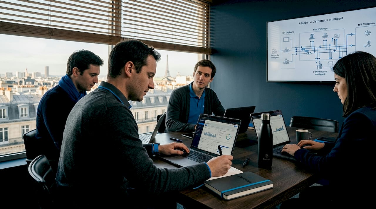 Des ingénieurs échangent au bureau sur les solutions énergétiques connectées, explorant ensemble les enjeux de l’IoT dans le secteur de l’énergie.