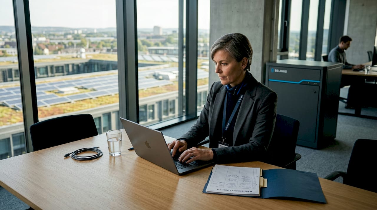 Facility manager working with solar assets visible