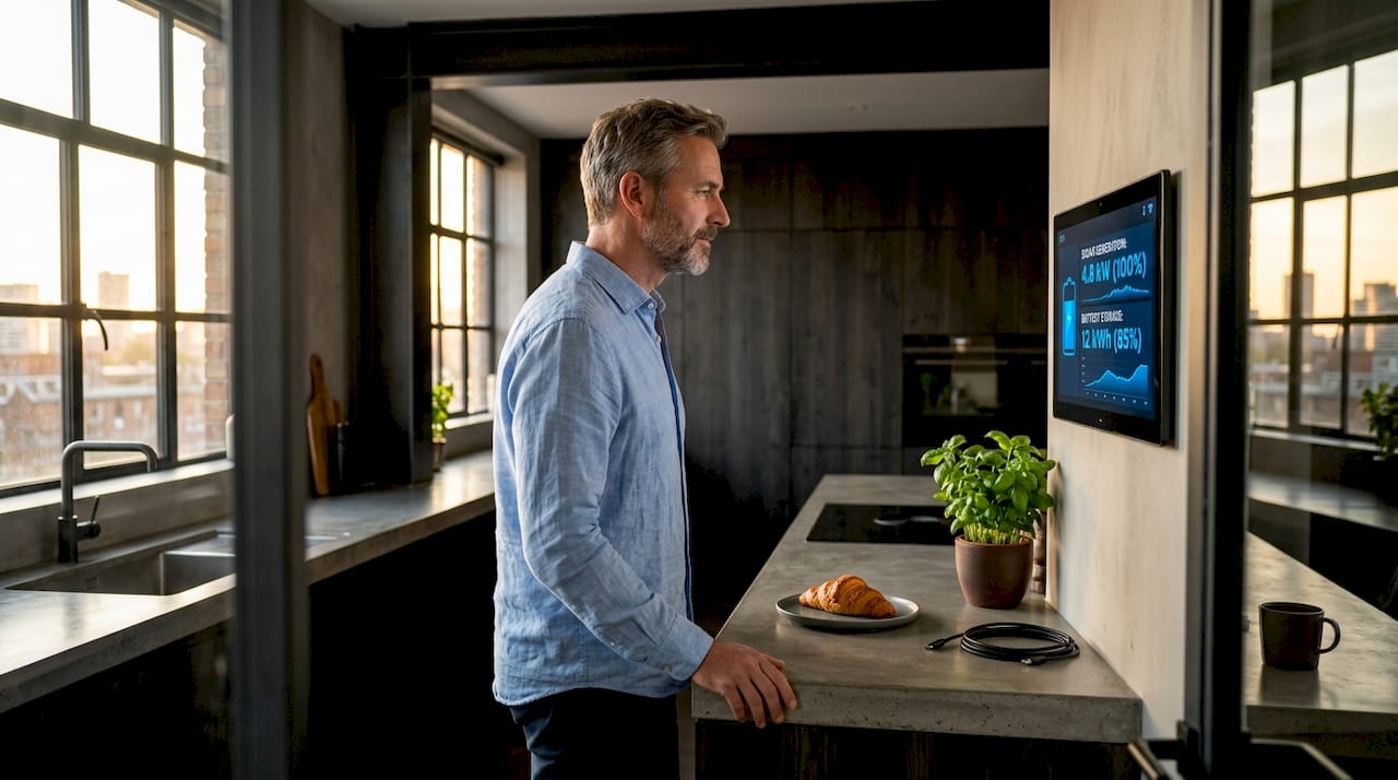 Homeowner viewing energy dashboard in kitchen