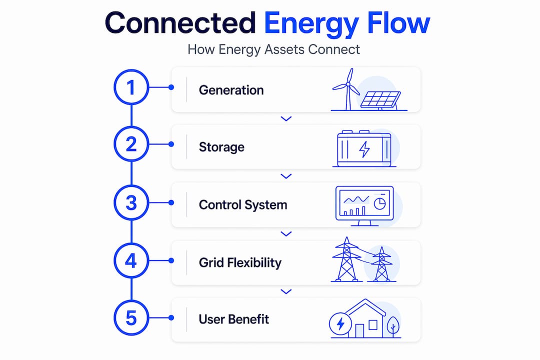 Vertical flow infographic showing connected energy steps