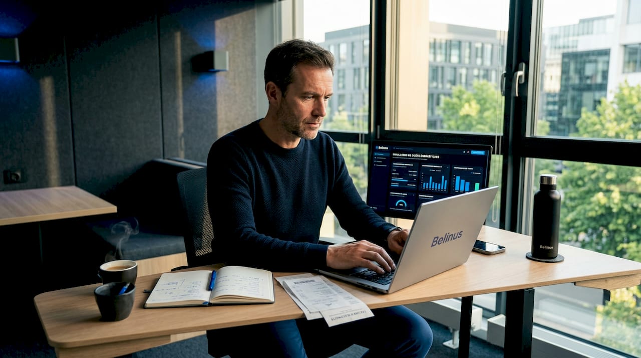 Un homme analyse une estimation énergétique pour son logement depuis chez lui.