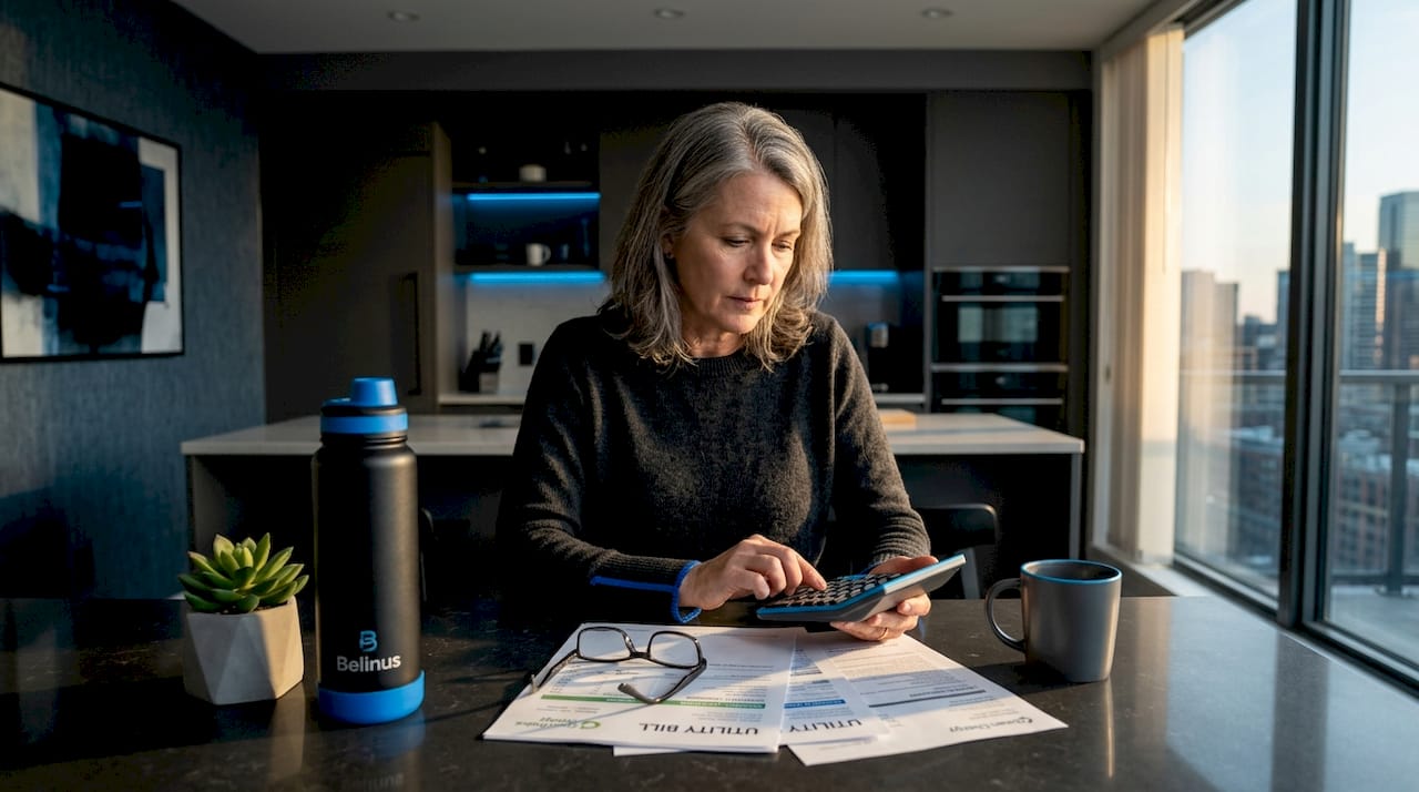Homeowner reviewing monthly utility bills at kitchen table