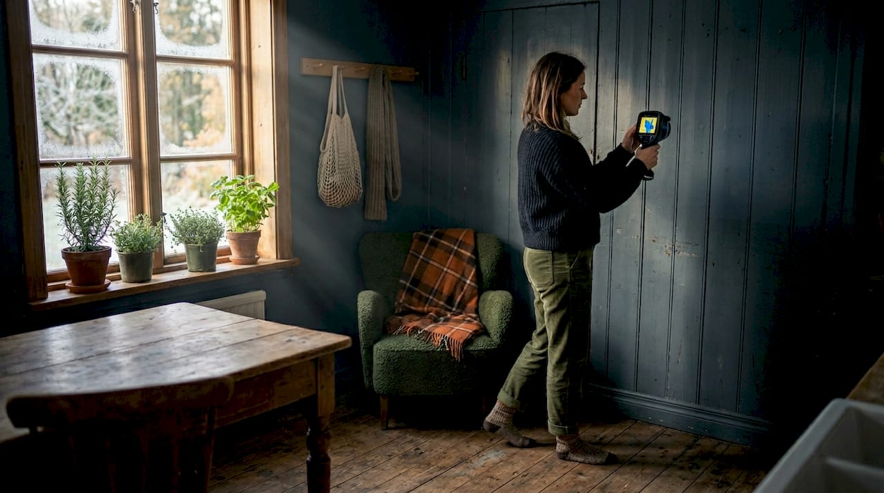 Homeowner conducting thermal scan for cold spots indoors