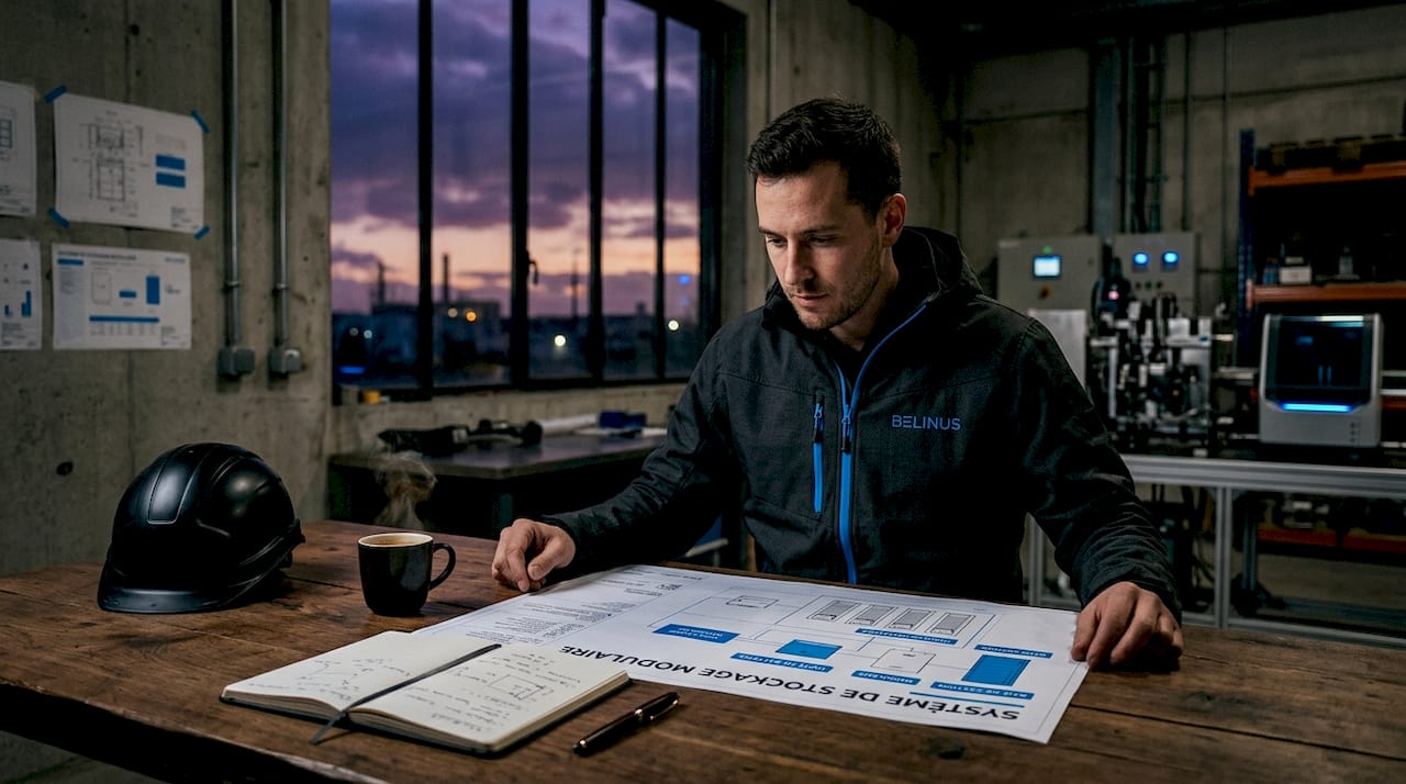 Un ingénieur en pleine étude de plans pour un système de stockage modulable
