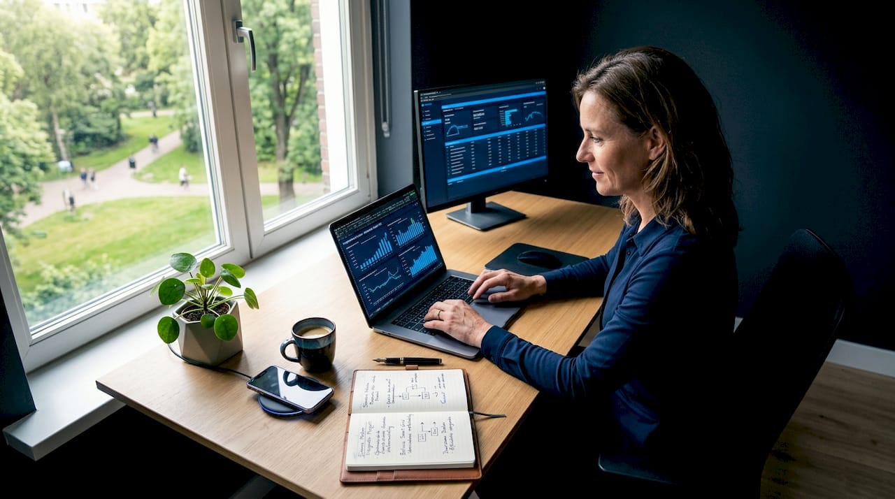Een zakelijke vrouw bekijkt energierapporten aan haar bureau.