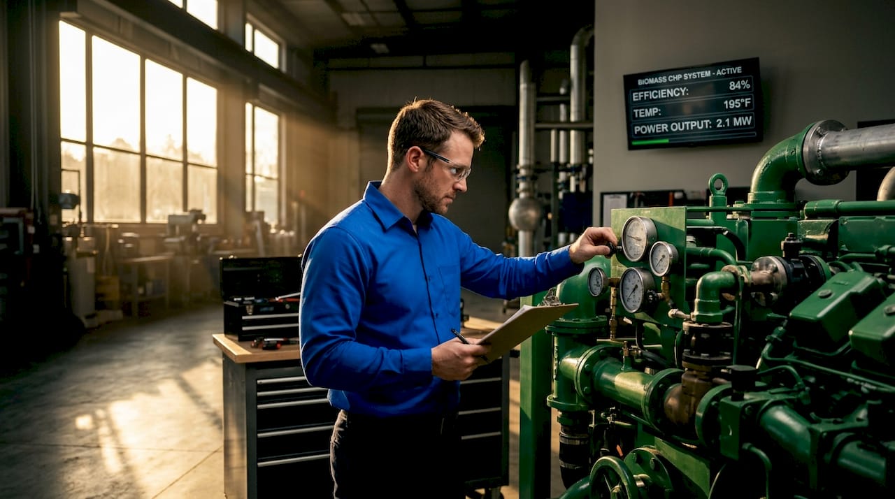 Technician inspecting biomass CHP equipment