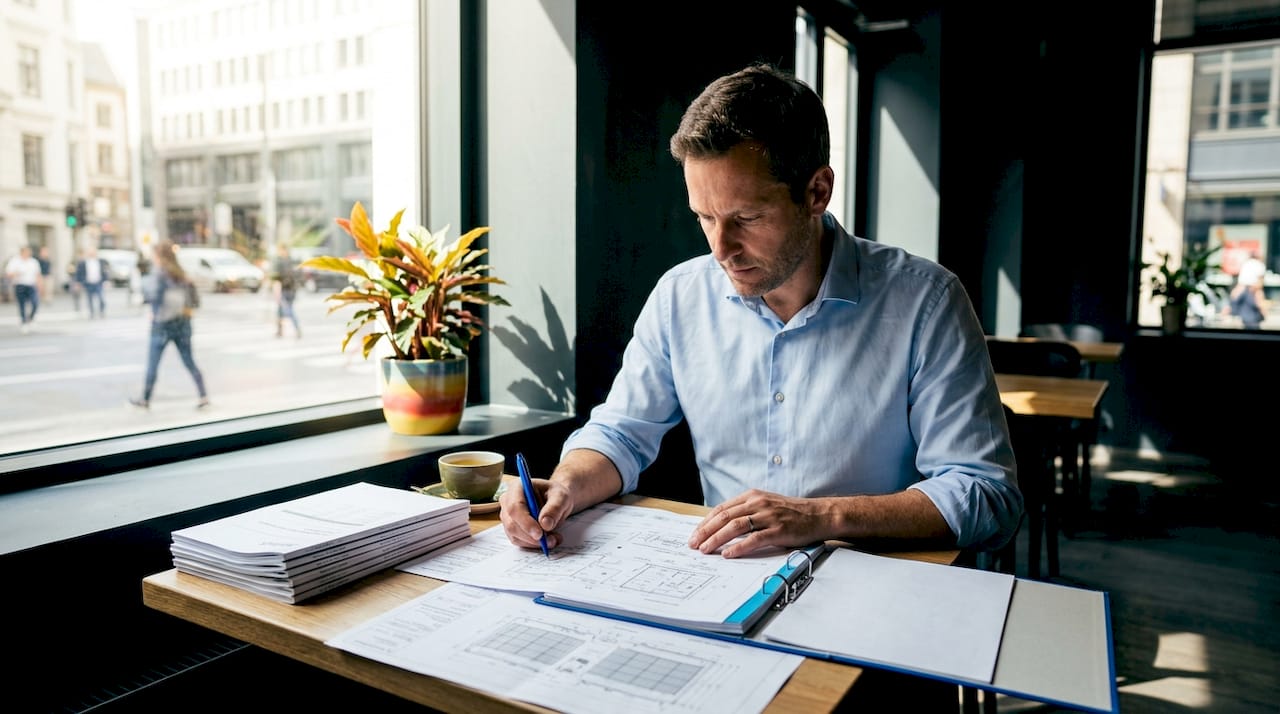 Consultant analyzing solar energy blueprints
