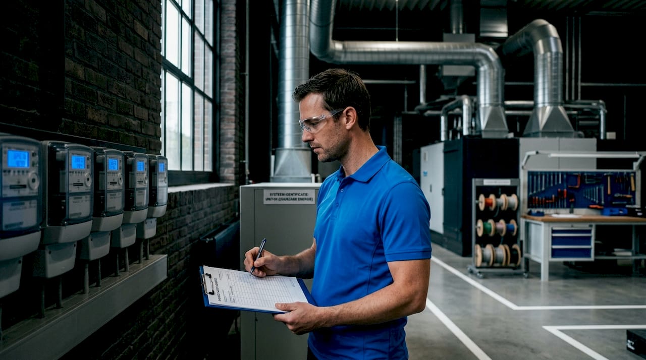Een ingenieur voert een energie-audit uit in een fabriek om het verbruik in kaart te brengen en besparingsmogelijkheden te ontdekken.