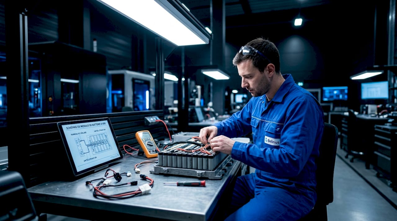 Un technicien en pleine installation d’un système de stockage d’énergie par batteries.