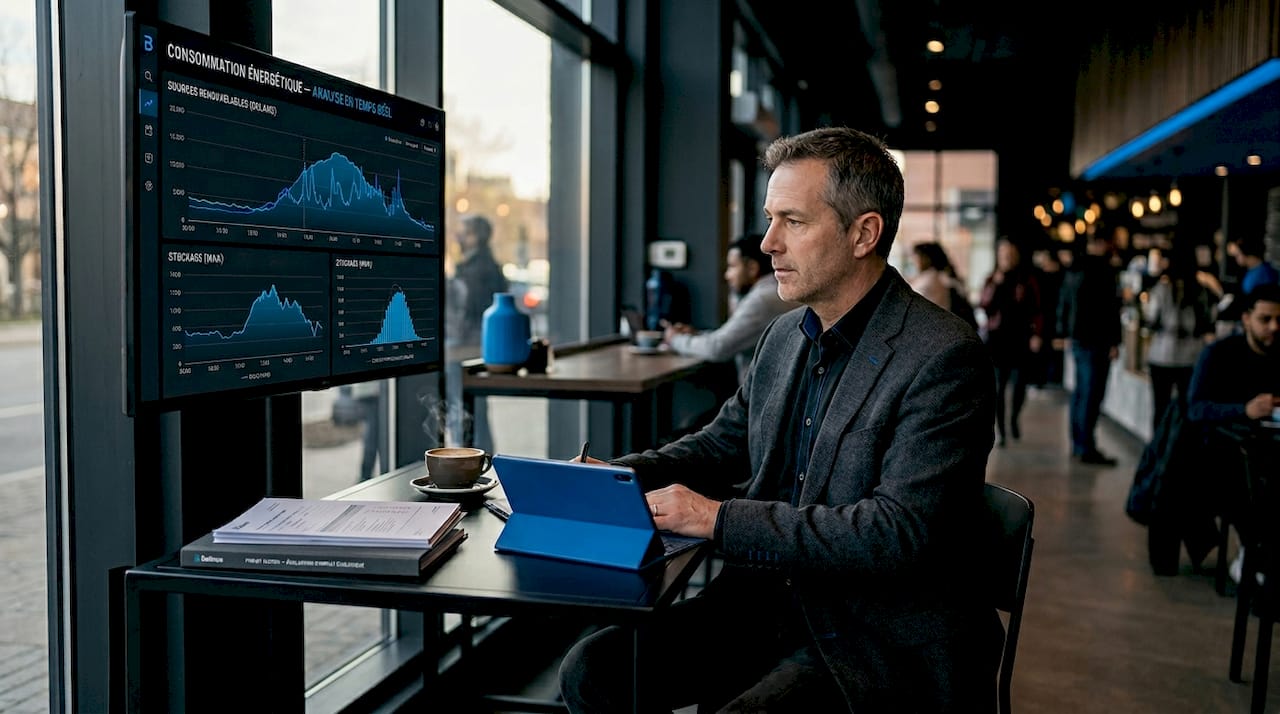 Un ingénieur examine attentivement les données énergétiques sur son poste de travail, cherchant à optimiser la consommation et à améliorer l’efficacité des systèmes.