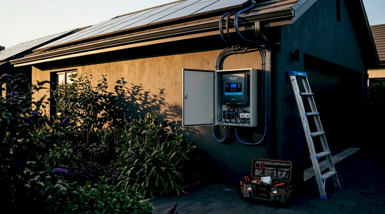 Solar charge controller installed on house exterior