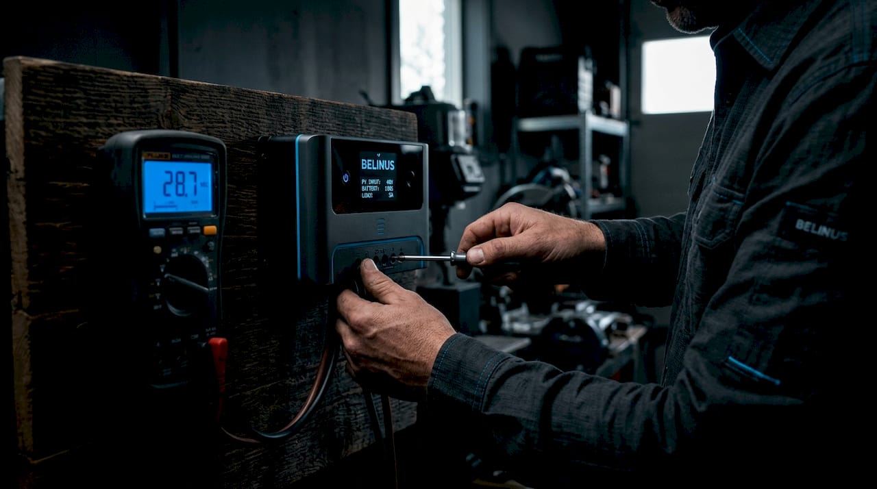Hands adjusting solar charge controller device