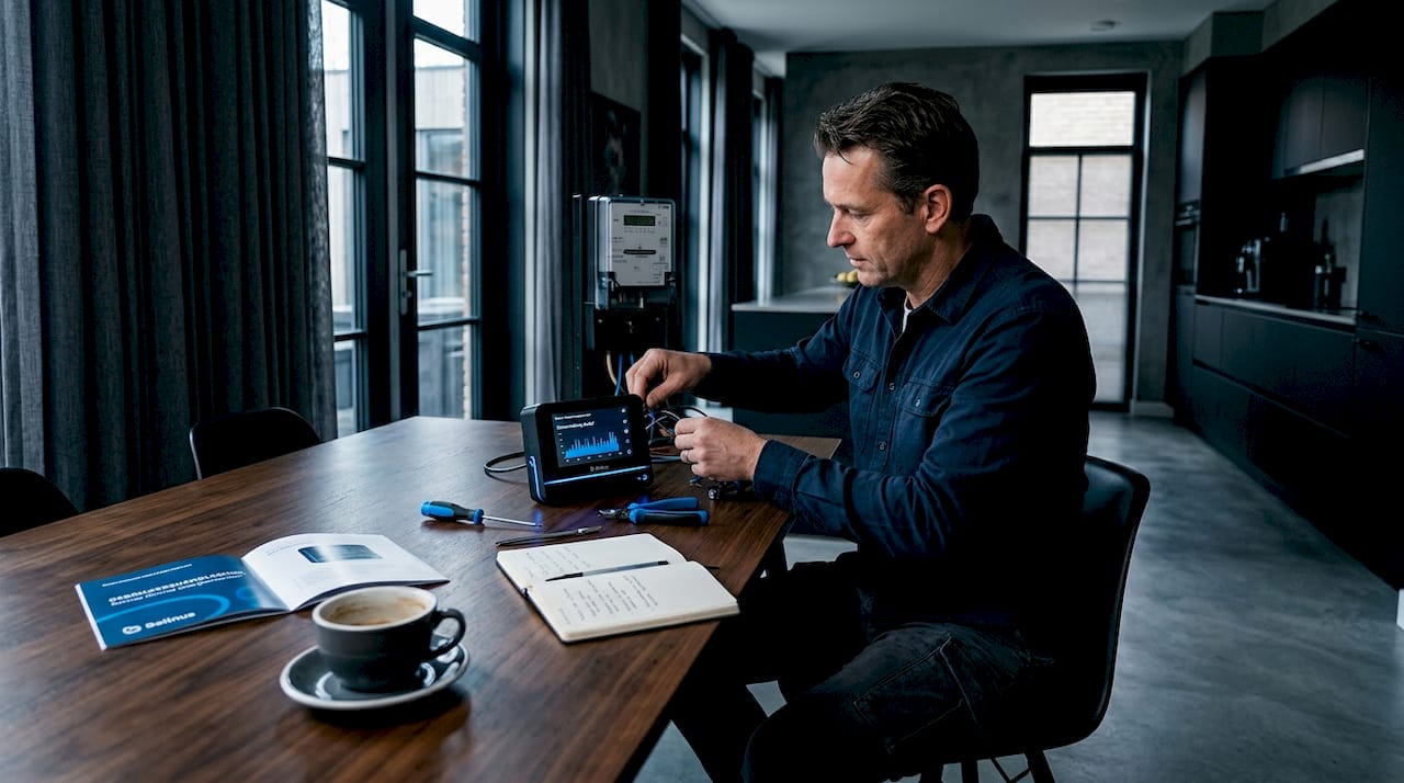 Man is bezig met het installeren van slimme apparatuur om zijn energieverbruik in huis automatisch te regelen.