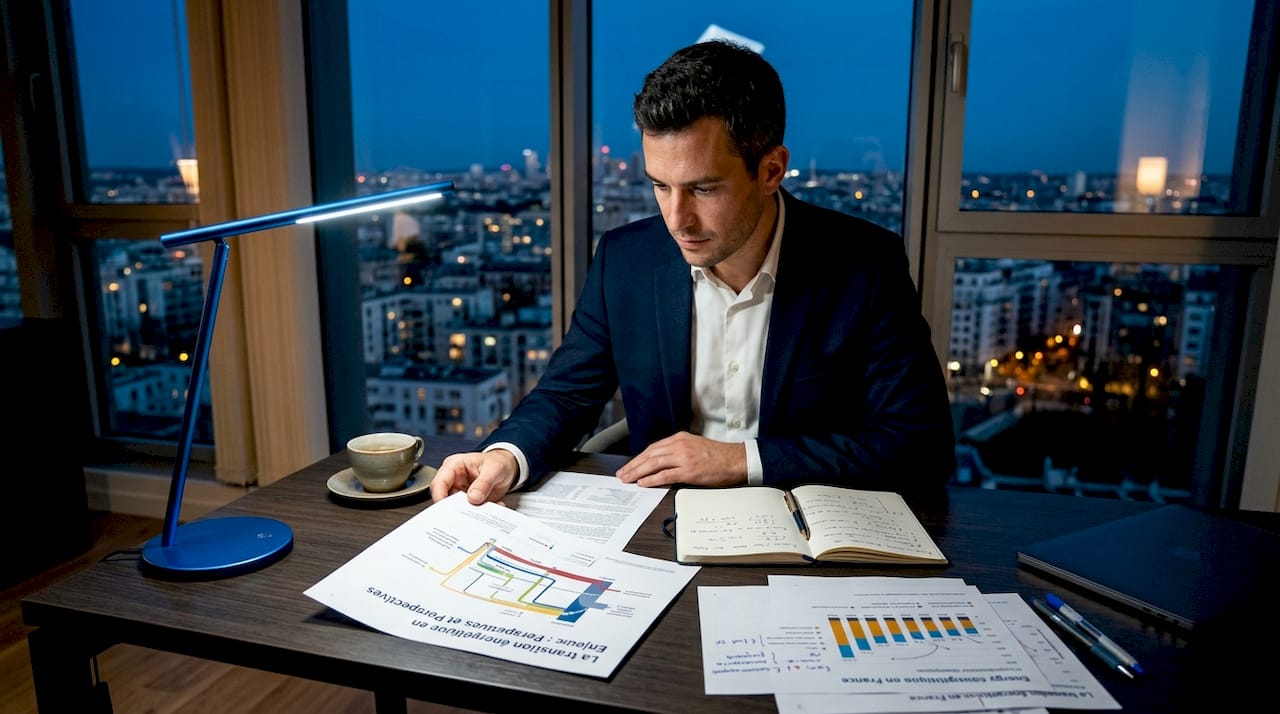 Un consultant passe en revue des dossiers liés à l’énergie dans son bureau.
