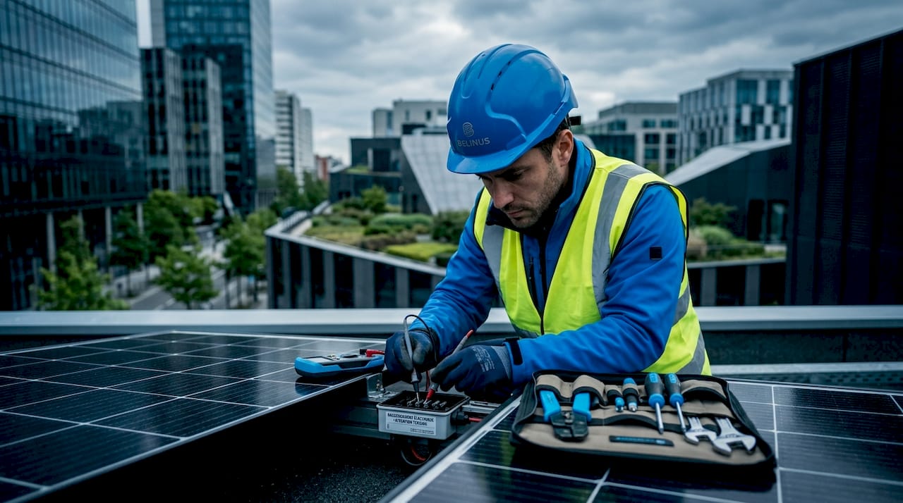 Un technicien effectue une vérification sur des panneaux solaires installés sur le toit.