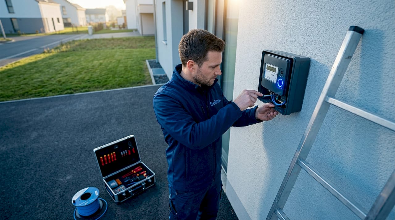 Een monteur plaatst een slimme meter aan de buitenkant van een woning.