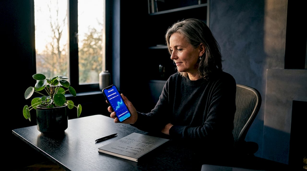 Een vrouw zit aan de keukentafel en bekijkt haar energieverbruik op haar smartphone.