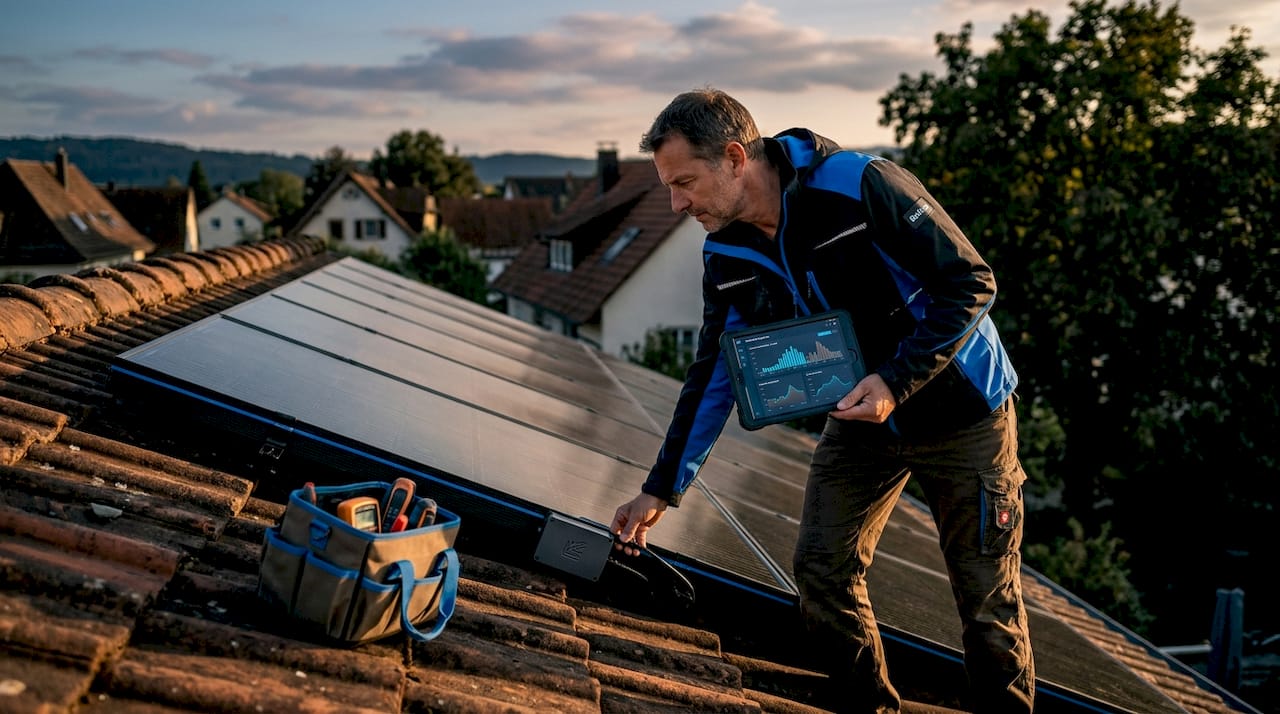 Man auditing solar panels on European home roof