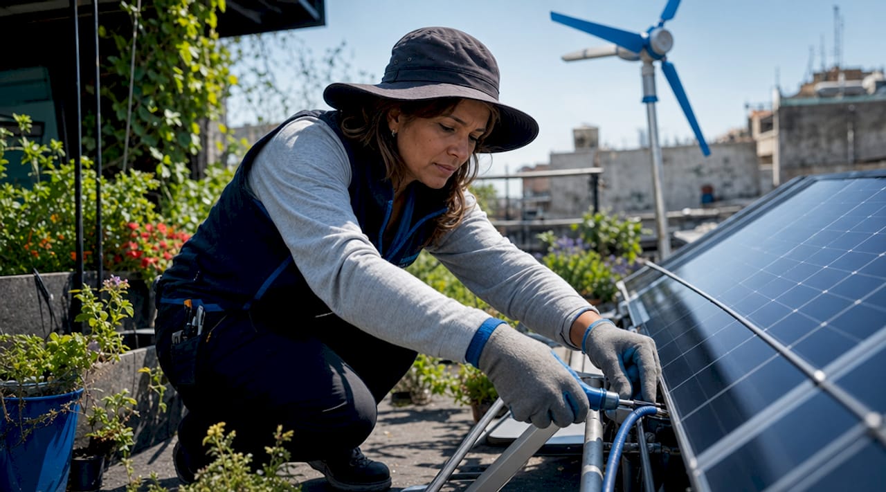 Une femme installe des panneaux solaires sur le toit de sa maison, tout en mettant en place une éolienne pour produire sa propre électricité.