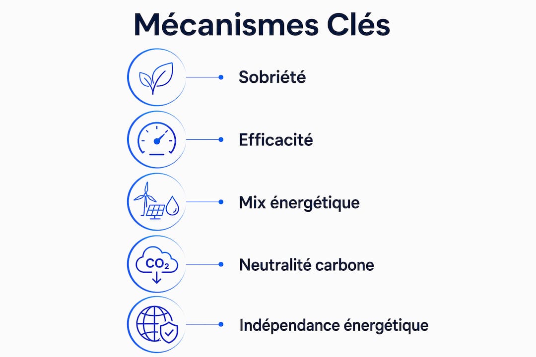 Infographie présentant les principaux leviers de la décarbonation de l’énergie
