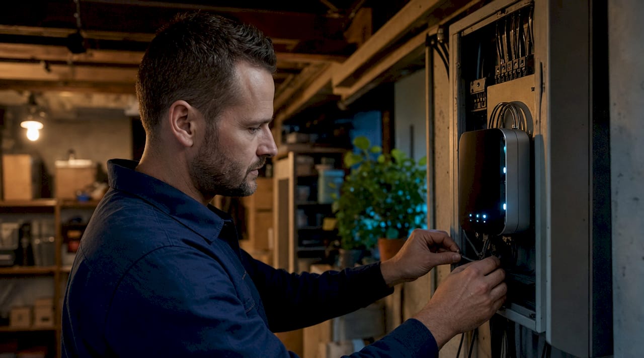 Technician installing smart energy meter