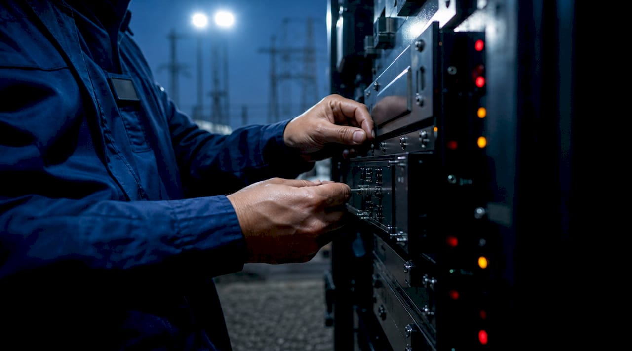 Technician adjusting smart grid equipment