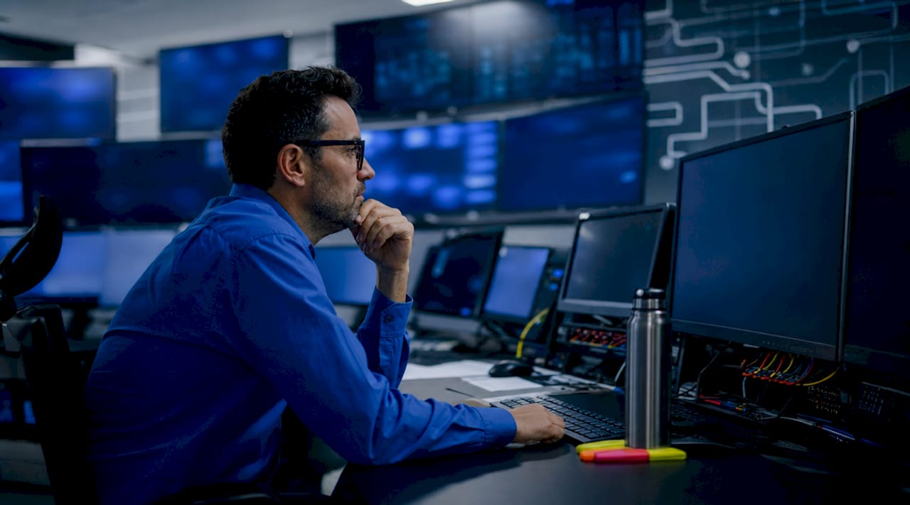 Operator monitoring smart grid in control room