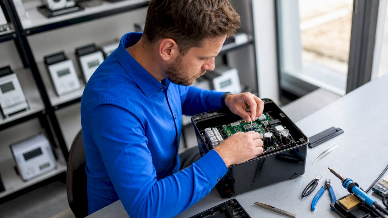 Manipulation d’un boîtier EMS par un technicien dans l’atelier