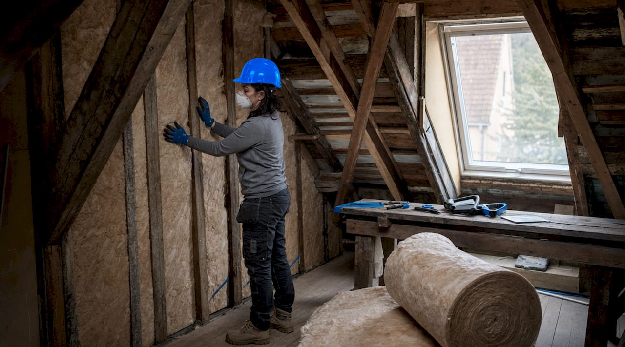 Worker installing wall insulation in basement