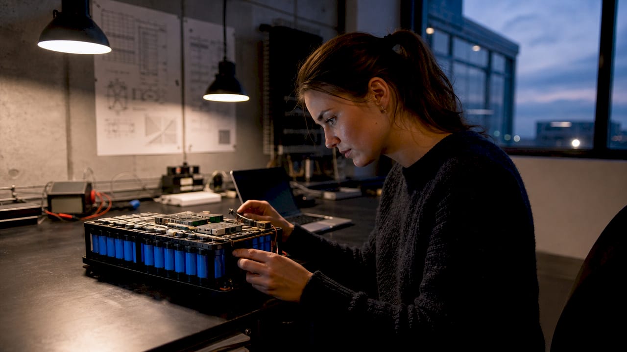 Une ingénieure effectue des tests sur une batterie lithium-ion dans un laboratoire.