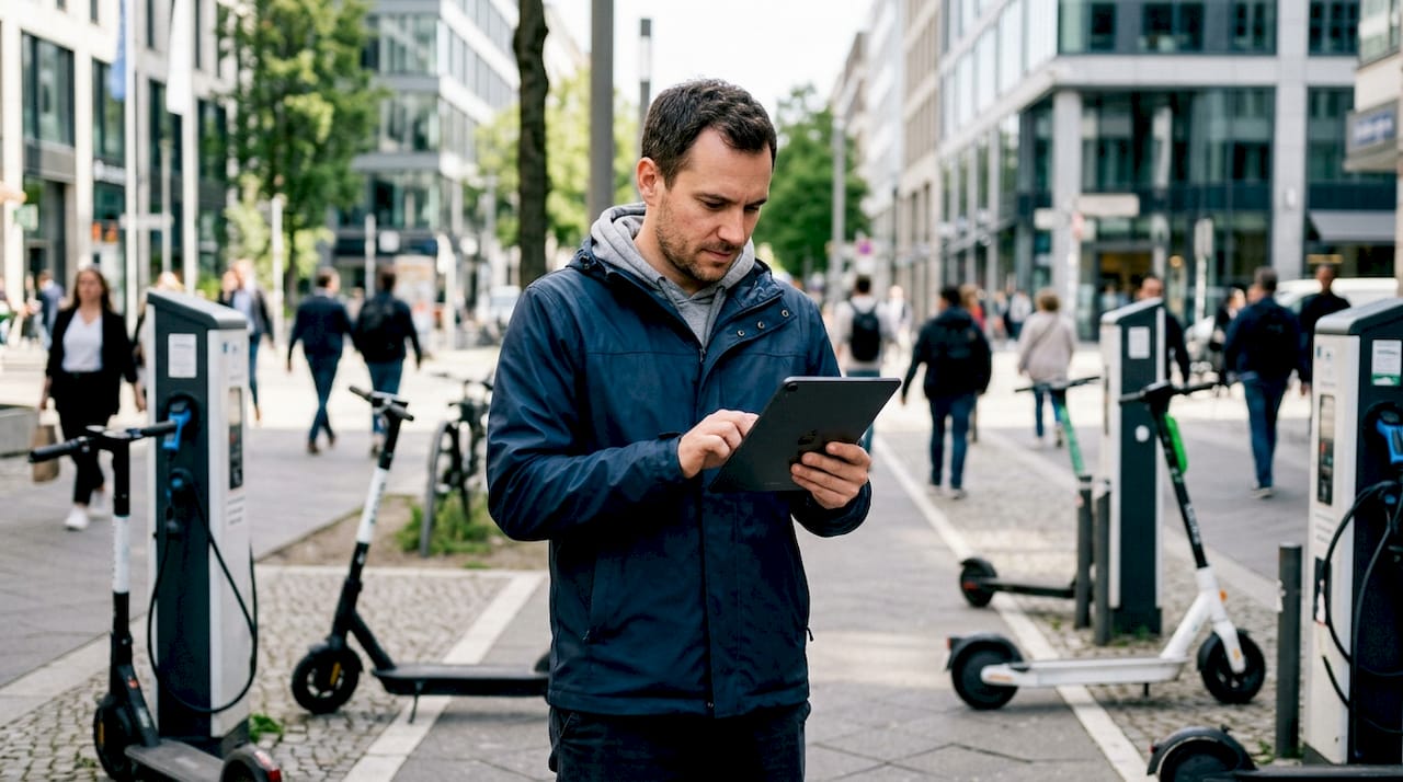 Un homme consulte son smartphone à côté de trottinettes électriques en libre-service.
