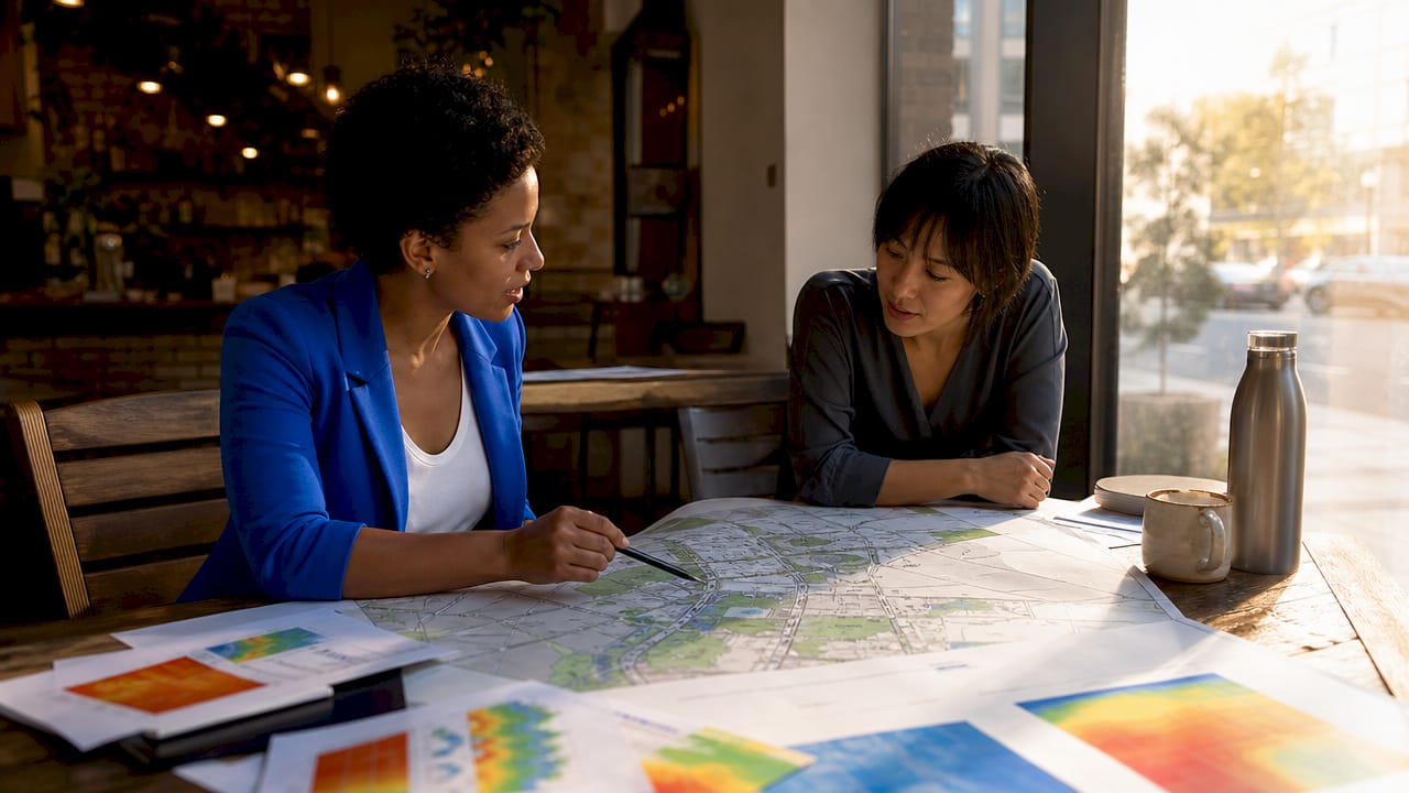 Professionals examining energy infrastructure map