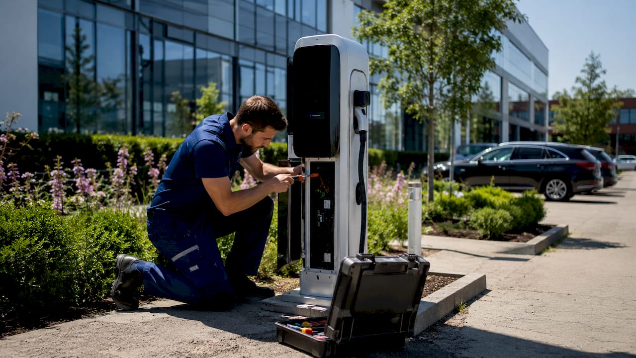 Monteur plaatst laadpaal voor elektrische auto's op het terrein van een bedrijf