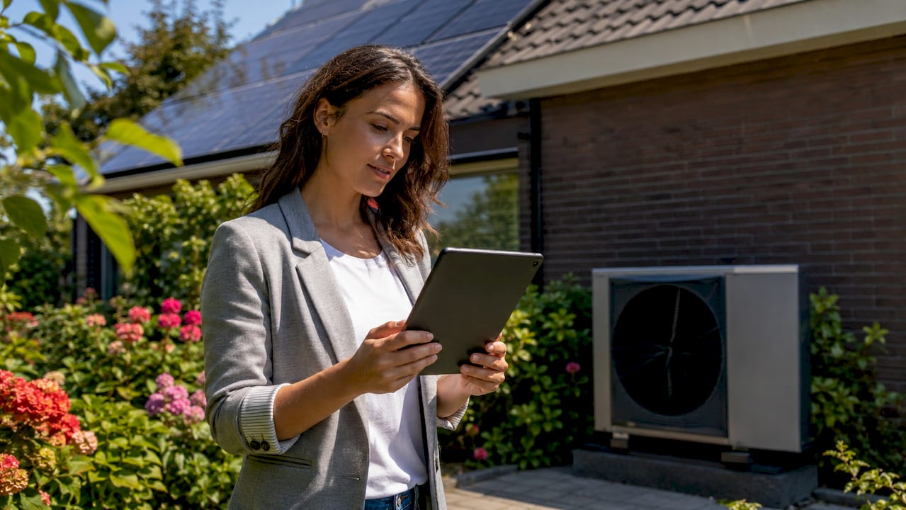 Een vrouw bekijkt een folder bij een huis met zonnepanelen op het dak.