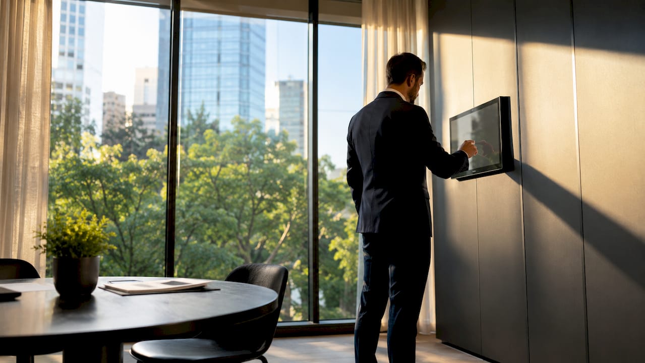 Businessman using energy management touchscreen