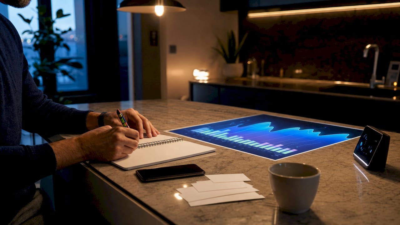 Hands writing next to electricity price chart on desk